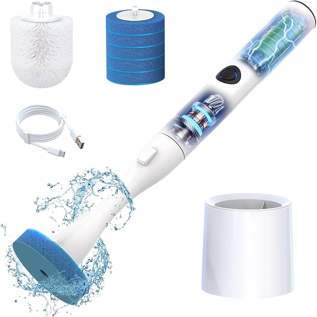 Electric Toilet Brush, HKFIF Toilet Brush and Holder Set, 360 Degree Powerful Cleaning Easily Eliminate Stains and Residue, 2 Speeds Rechargeable Motorized Toilet Bowl Brush