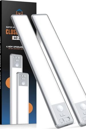BLS 10inch Under Cabinet Lights, 40 LED Closet Lights, Motion Sensor Light Indoor, Battery Operated Lights, 1800mah USB C Rechargeable Under Cabinet Lighting, Magnetic Night Light for Kitchen (2 Pack)