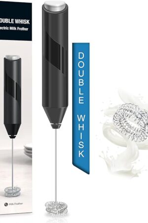 Double Whisk Milk Frother, Handheld Electric Blender stick, Drink Mixer with Food Grade Stainless Steel Stirrer, Battery Operated Foam Maker for Coffee, Cappuccino, Frappe, Matcha, Hot Chocolate Latte