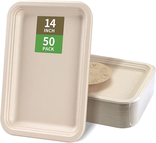 bloomoon 50 Pack 14 inch Food Trays Disposable Crawfish Lobster BBQ Plates,Large Paper Plates 14 inch Heavy Duty Disposable Trays for Serving Food,Seafood Boil Party Supplies