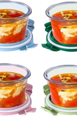 4-Pack Glass Food Storage Container With Airtight Lids,2-Cup Glass Meal Prep Containers, Small Leak Proof Soup Bowls, Reusable Glass Food Container, Dishwasher Microwave Freezer Safe