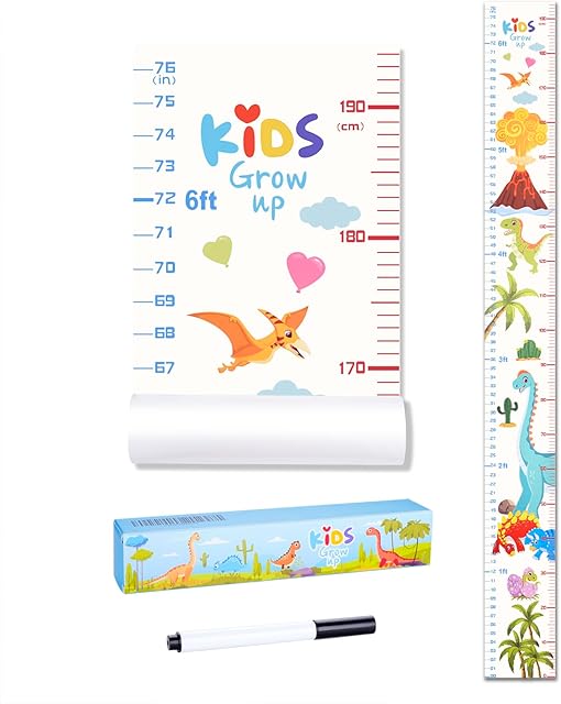 Baby Height Growth Chart, Premium Handing Ruler Home Nursery Wall Decor for Kids, 76" x 8" Growth Tracker for Children Height Record, Boys & Girls Playroom Decoration Sticker (Dinosaur)