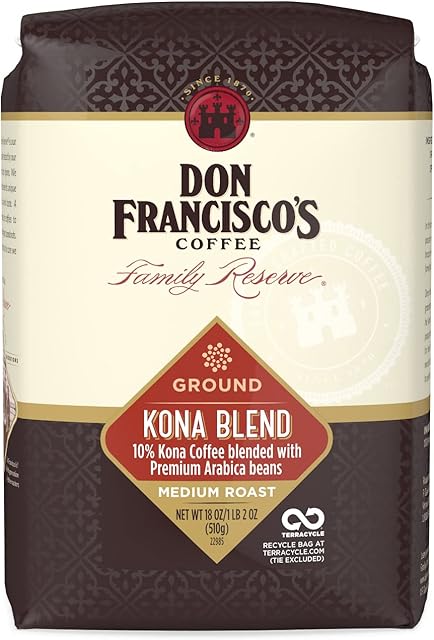Don Francisco's Kona Blend Medium Roast Ground Coffee - Delicate Flavor for Drip, Pour Over, and French Press (18 oz Bag)