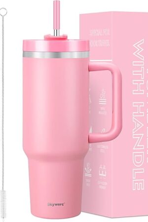 40 oz Tumbler with Handle and Straw, 2 in 1 Lid, Vacuum Insulated Stainless Steel Double Wall Water Bottle Travel Mug - Holiday Gifts for Women Men - Pink
