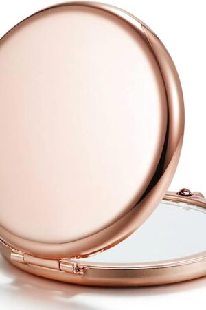 Compact Mirror for Purse, Double-Sided 1X/2X Magnifying Metal Pocket Makeup Mirrors(Round, Rose Gold)