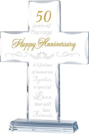 YWHL 50th Wedding Anniversary Religious Cross Gifts for Women Men, 50 Year Anniversary Romantic Gift for Him Her, Laser Engraved Glass Standing Cross Keepsake for Couple, 50 Years of Marriage Present