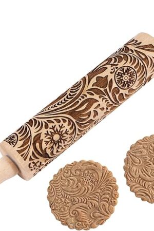 Embossed Wooden Rolling Pin for Baking,Evermarket Deep Engraved Embossing Rolling Pin with Christmas Snowflake Flower Design for Baking Embossed Cookies,Cute Kitchen Decor DIY Tool for Kids and Adults