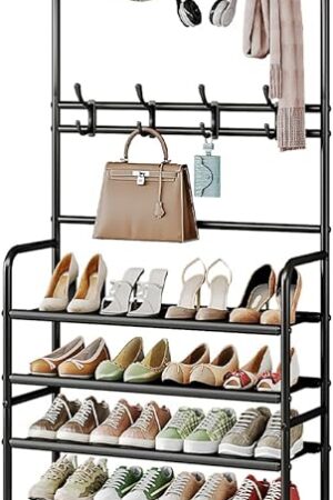 Coat Rack Shoe Rack With Storage Shelf Freestanding with 8 Hooks for Entryway Bedroom Closet 4 Tier, Black
