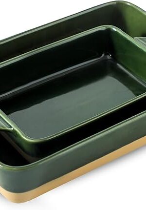 Ceramic Baking Casserole Dish with Handles, Large 9x13 inch Pan and Middle Baking Pan - Porcelain Serving Bakeware Set (Forest Green)