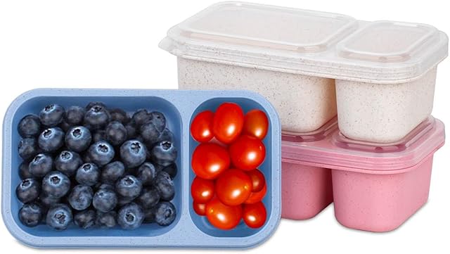 2-Compartment Reusable Snack Containers with Lids, Wheat Straw Reusable Snack Packs for Food Storage Meal Prep On-the-Go Snacking(3Pack)
