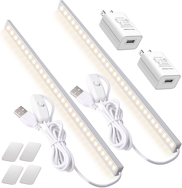 2Pack LED Under Cabinet Light LED Light Bar with USB Powered Under Cabinet Lights for Closet Light Bar Under Counter Lighting Work Tables Student Dormitory (Include AC Plug)