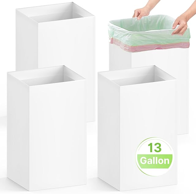 4 Pack Extra Large Disposable Trash Cans, Reusable Portable Garbage Can, 13 Gallon (21.6" H x 13.5" W x 10" D), Extra Thick Recycled Cardboard Portable Garbage Can and Recycling Bins,White