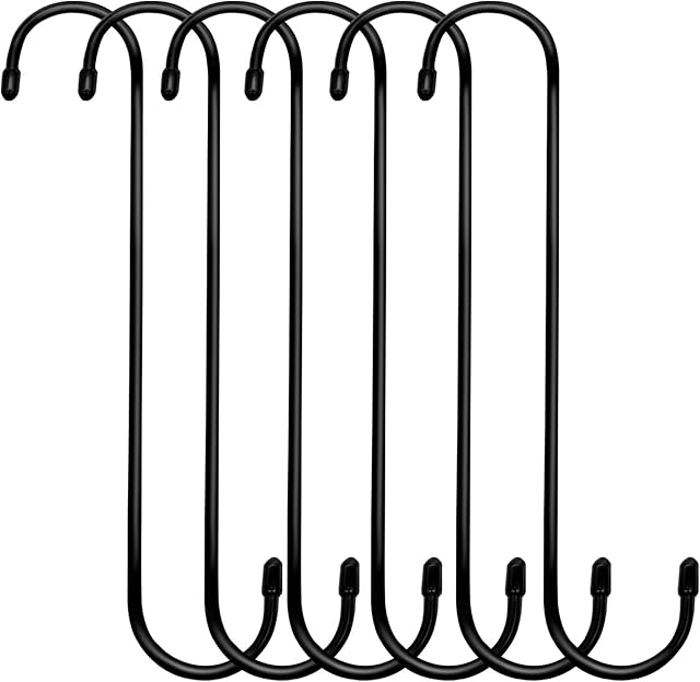 6 Pack 10 inch Extra Large S Hooks Black Heavy Duty Long S Hooks for Hanging Plant Extension Hooks for Kitchenware,Utensils,Pergola,Closet,Flower Basket,Garden,Patio,Indoor Outdoor Uses