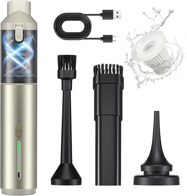 Car Vacuum Portable with 16000Pa Powerful Suction, Handheld Vacuum Cordless Rechargeable Blow & Suction 4 in 1, Small Vacuum Cleaner for Car, Home, Office, Outdoor (Gold)