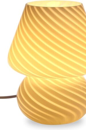 BSOD Mushroom Lamp,Glass Table Bedside Lamps Translucent Murano Vintage Style Striped Small Night Mushroom Decor Light Swirl for Ambient,Kids,Bedroom,Living,Girl Gift (Stripe White)