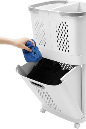 2 Tier Rolling Laundry Hamper, Laundry Basket with Wheels & Handle, Detachable and Tilt Out, Removable Laundry Basket Cart Clothes Storage Organizer for Bathrooms, Bedrooms
