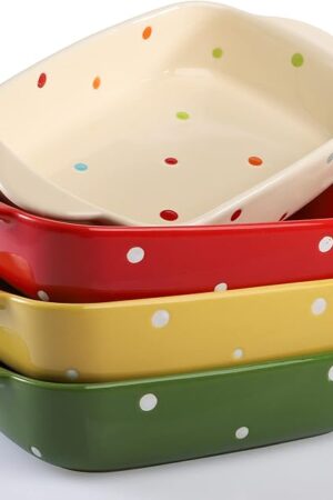 AVLA Set of 4 Ceramic Small Casserole Dishes, 7"x5" Porcelain Roasting Lasagna Pan, Individual Casserole Dishes Bakeware with Handle Rectangular Dish, Ceramic Baking Dish for Oven, 20 Oz, Polka Dot, Assorted Color