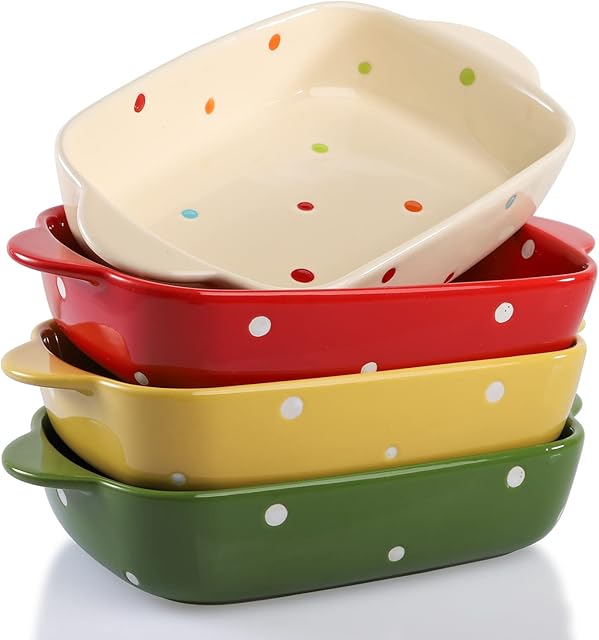 AVLA Set of 4 Ceramic Small Casserole Dishes, 7"x5" Porcelain Roasting Lasagna Pan, Individual Casserole Dishes Bakeware with Handle Rectangular Dish, Ceramic Baking Dish for Oven, 20 Oz, Polka Dot, Assorted Color