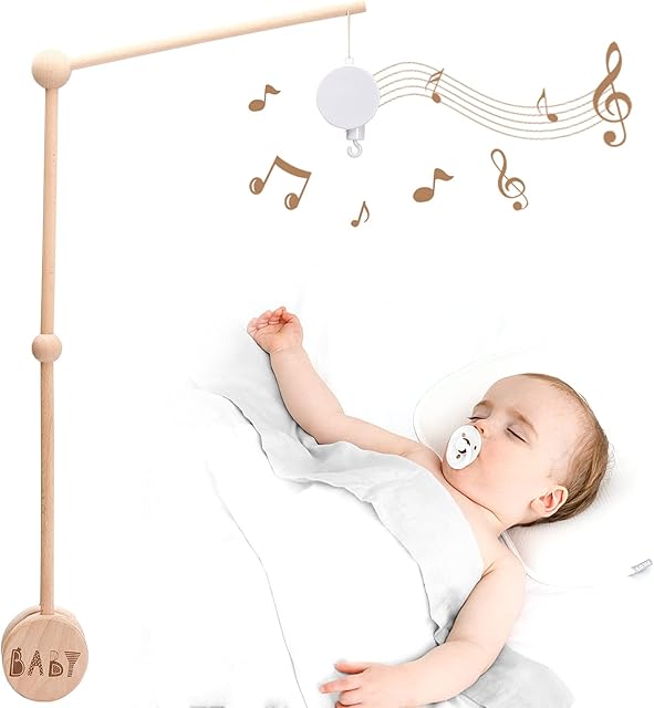 Baby Crib Mobile Arm Wooden Holder 30 inch Beech Hangers with Rotating Music Box Nursery Decor Attachment Safe Anti Slip Set