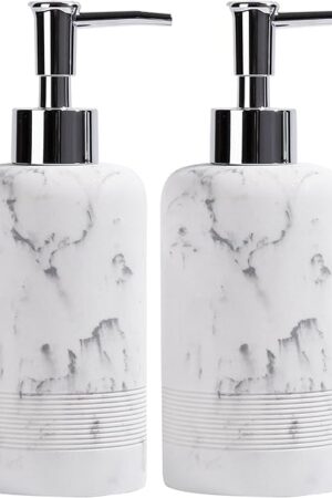 2pcs/Set Hand Soap Dispenser Sets - 10.8oz Refillable Resin Liquid Soap Dispensers with Rust-Proof Pump for Bathroom Countertop or Kitchen, Marble White