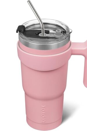 BJPKPK Tumbler With Handle 20 oz Stainless Steel Double Wall Insulated Tumbler Cups With Lid And Straw,Light Pink