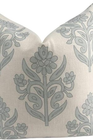 “The Naples? Floral Block Print Pillow Cover – Soft Grey and Off-White Decorative Throw Pillow Cover – Grandmillennial Home Decor, 20" x 20"