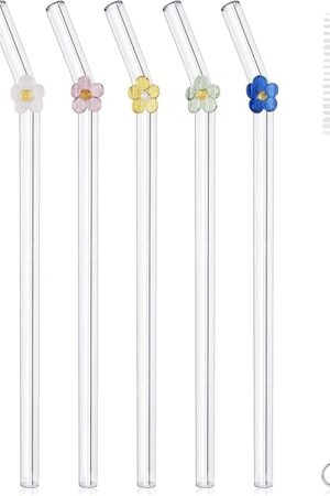 6 Pcs Reusable Glass Straws with 2 Cleaning Brushes, Cute Colorful Flower Glass Straw Shatter Resistant, Reusable Straws Dishwasher Safe for Smoothies, Milkshakes, Juices, Teas