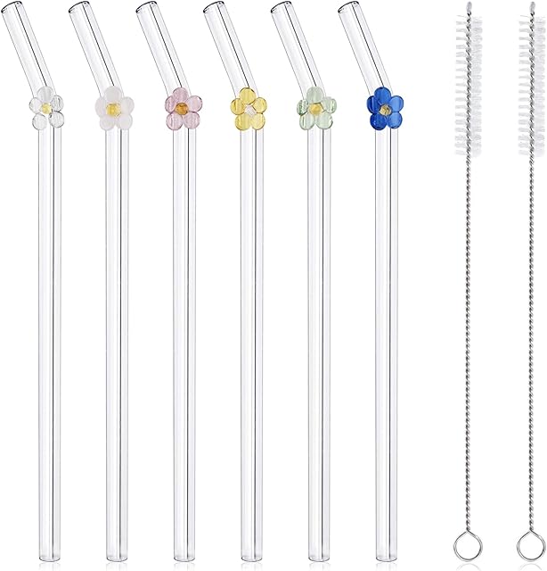 6 Pcs Reusable Glass Straws with 2 Cleaning Brushes, Cute Colorful Flower Glass Straw Shatter Resistant, Reusable Straws Dishwasher Safe for Smoothies, Milkshakes, Juices, Teas