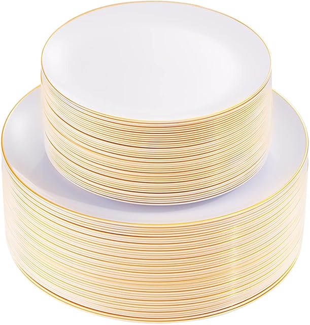 KIRE 100PCS Disposable Plates - White with Gold Rim for Thanksgiving Party/Wedding - Includes 50Pieces 10.25inch Dinner and 50Pieces 7.5inch Dessert/Salad Plates