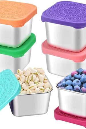6Pack 6oz Stainless Steel Snack Containers for Kids, Easy Open Leak Proof Metal Toddler Snack Containers with Silicone Lids, Stackable Metal Toddler Lunch Box for Daycare, School and Travel