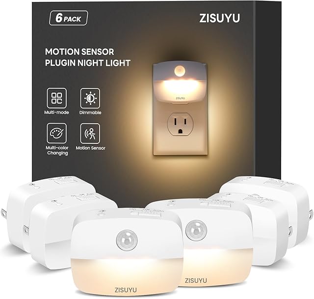 ZISUYU Plug-in LED Night Light with Motion Sensor, 10-60lm Dimmable Nightlight with Multi-Mode & Color-Changing, Ideal for Bedroom, Kitchen, Bathroom, Stairs, Hallway (6 Pack)