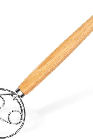 Danish Dough Whisk with Dough Hook & Wooden Handle - Stainless Steel Dutch Whisk for Sourdough Bread Baking, Pizza Pastry Tools