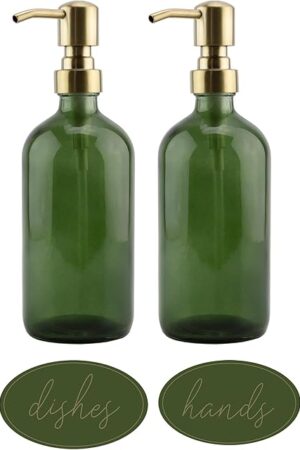 Darware Green Glass Soap Dispensers (2-Pack, Gold Metal Pumps, 16-Ounce); Decorative Pump Bottles for Kitchen and Bathroom