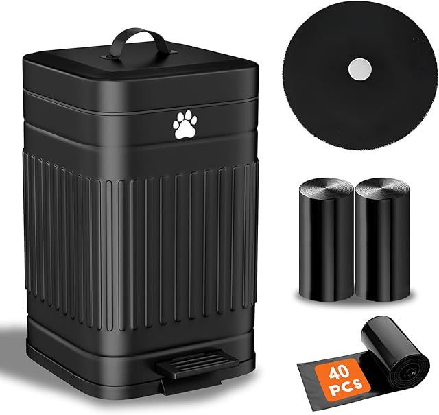 Dog Poop Trash Can Outside, 5L/1.3Gal Metal Dog Waste Trash Can with Lid, Foot Pedal, Pet Waste Container with 40 Bags, Poop Bucket with Lid Soft Close for Pet, Black