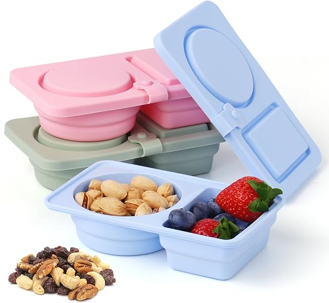 3 Pack Silicone Snack Containers with Lids for Kids – Reusable Double Compartment Leak-Proof Silicone Snack Container – Dishwasher Safe Snackle Box for a Healthier Snack Time