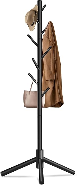 Durable Wooden Coat Rack, Freestanding Coat Rack with Stable Triangular Base, 8 Hooks & 3 Adjustable Heights, Simple Assembly for Bedroom, Hallway, Office(New Black)