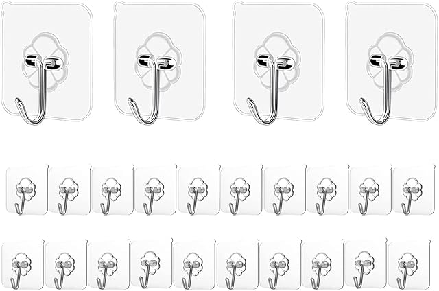 Adhesive Hooks Kitchen Wall Hooks - 24 Packs Heavy Duty 24lb(Max) Nail Free Transparent,Waterproof,Sticky Stainless Hangers for Keys,Bathroom, Shower, Outdoor, Kitchen,Door,Home Improvement,Utility