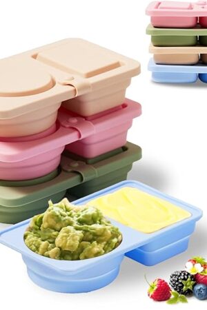 4 Pack Silicone Snack Containers with Lids Reusable & Foldable Silicone Double Compartment Leakproof Food Storage Box for Salad Dressing, Sauces, Travel, Picnic, Office