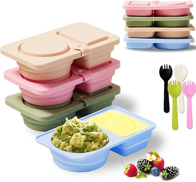 4 Pack Silicone Snack Containers with Lids Reusable & Foldable Silicone Double Compartment Leakproof Food Storage Box for Salad Dressing, Sauces, Travel, Picnic, Office