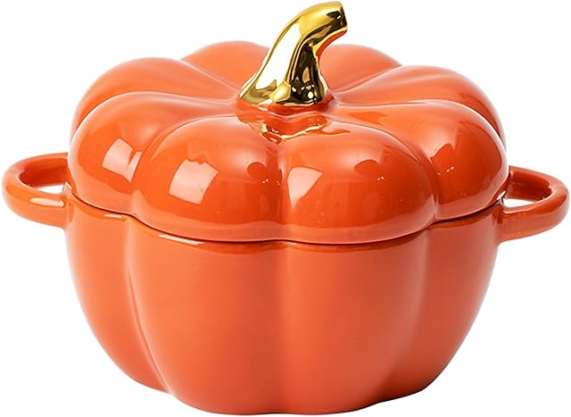 Dutch Oven Pot with Lid, Pumpkin Pottery Dessert Saucepan, Mini Baking Dish Cute Pumpkin Bowl, Covered Dutch Oven Ceramic Stockpot, Pumpkin-Shaped Casserole (Orange)