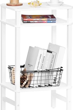 28in Tall Side Table 3-Tier Small Narrow End Table for Couch, Skinny Nightstand for Small Space, Farmhouse Slim Night Stand with Storage, Wooden Frame Thin Bedside Table, for Living Room, White