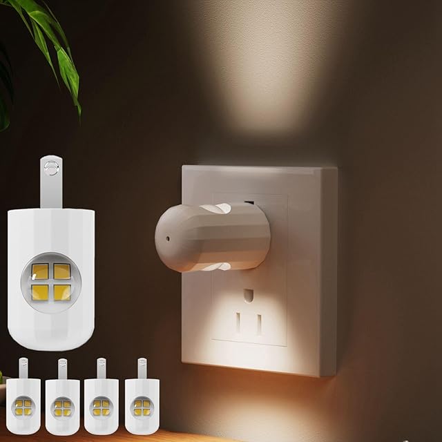 6 Pack Mini LED Night Light Plug in Wall - Dusk to Dawn Auto On/Off, 3000K Soft White (200 Lumen/20W Equivalent), 360° Adjustable Lighting for Bedroom, Bathroom, Stairs, Kids Room, Hallway