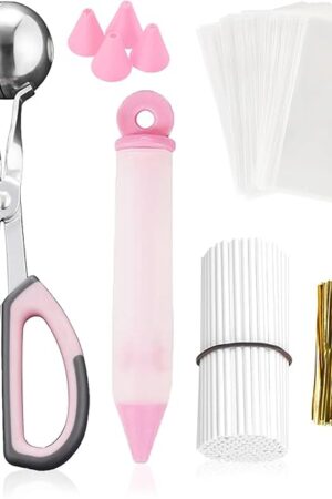 Cake Pop Kit, Including 100 Cake Pop Sticks and Wrappers, 100 Twist Ties, 1 Cake Pop Scooper and Decorating Pen, Cake Pops Making Tools for Lollipop, Candies, Chocolates and Cookies-pink