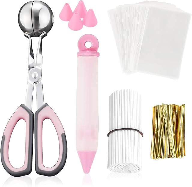 Cake Pop Kit, Including 100 Cake Pop Sticks and Wrappers, 100 Twist Ties, 1 Cake Pop Scooper and Decorating Pen, Cake Pops Making Tools for Lollipop, Candies, Chocolates and Cookies-pink