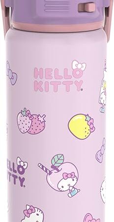 Zak Designs Sanrio Kid Water Bottle for Travel or At Home, 20oz Stainless Steel is Leak-Proof and Vacuum Insulated with Spout, Locking Cover, Carry Handle, Protective Base (Hello Kitty)