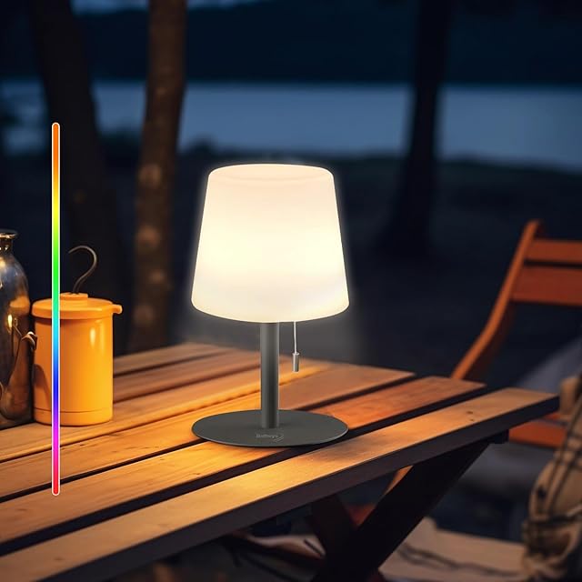 Warm & RGB Cordless Lamp for Outdoor Patio Decor | Battery Powered | Farmhouse Table Lamp | White Desk Lamps for College Dorm Room | Shower Lamps Waterproof Lampshade & Metal Base