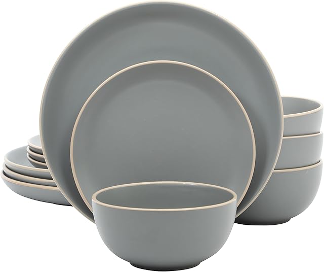 Gibson Home Rockaway 12-Piece Dinnerware Set Service for 4, Grey Matte -