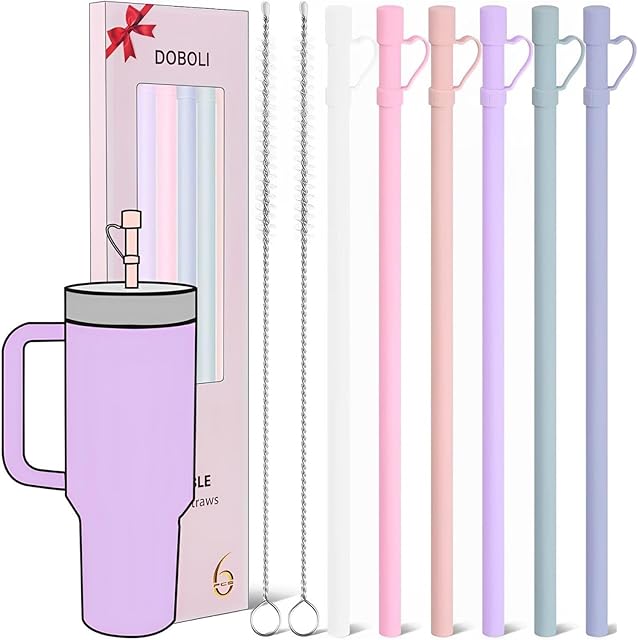 Doboli Replacement 12 inch Long Silicone Straw With Cover,Compatible with Stanley Owala 40 oz 30 oz Cup Tumbler, 6 Pack Reusable Straw with Cleaning Brush,for Stanley Tumbler Accessorie