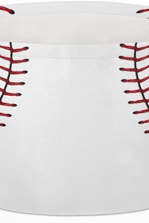 Baseball Lace Large Round Storage Basket Collapsible Circle Storage Bin Laundry Hamper With Handle for Kids Toy Blanket Dirty Clothes Towel Living Room Nursery Storage Organizer