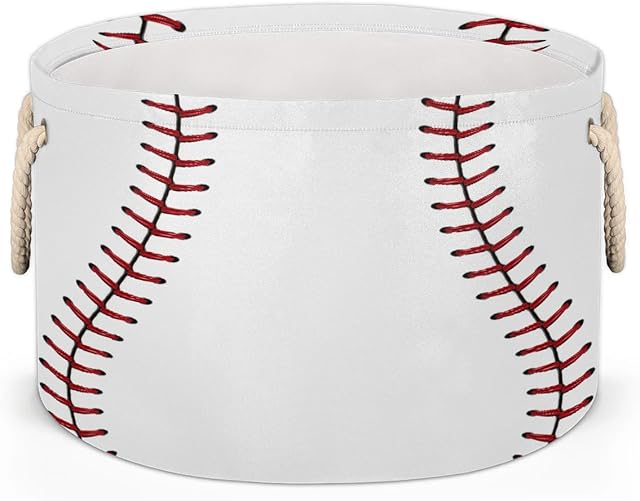 Baseball Lace Large Round Storage Basket Collapsible Circle Storage Bin Laundry Hamper With Handle for Kids Toy Blanket Dirty Clothes Towel Living Room Nursery Storage Organizer
